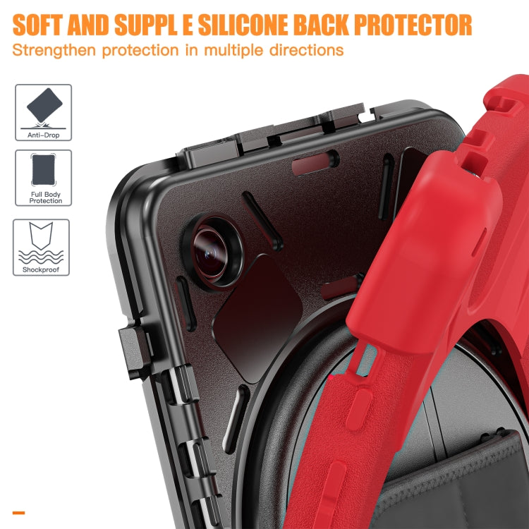 Samsung Galaxy Tab A9+ case featuring a rotary handle, pen slot, and shoulder strap, made from durable TPU and PC materials.